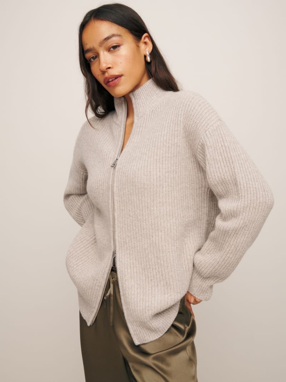 Reformation Dennis Cashmere Oversized Zip Sweater in Thunder (M)